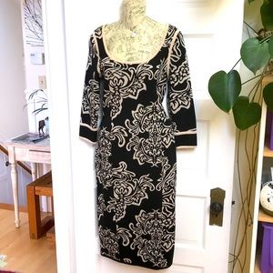 Wolford Sz 10 dress black & cream floral wool Silk cashmere blend 3/4 sleeves